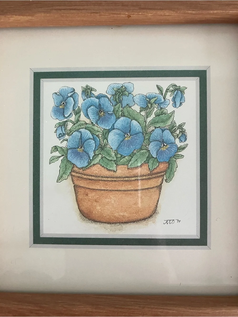 Framed Floral Art Print with Blue Pansies
